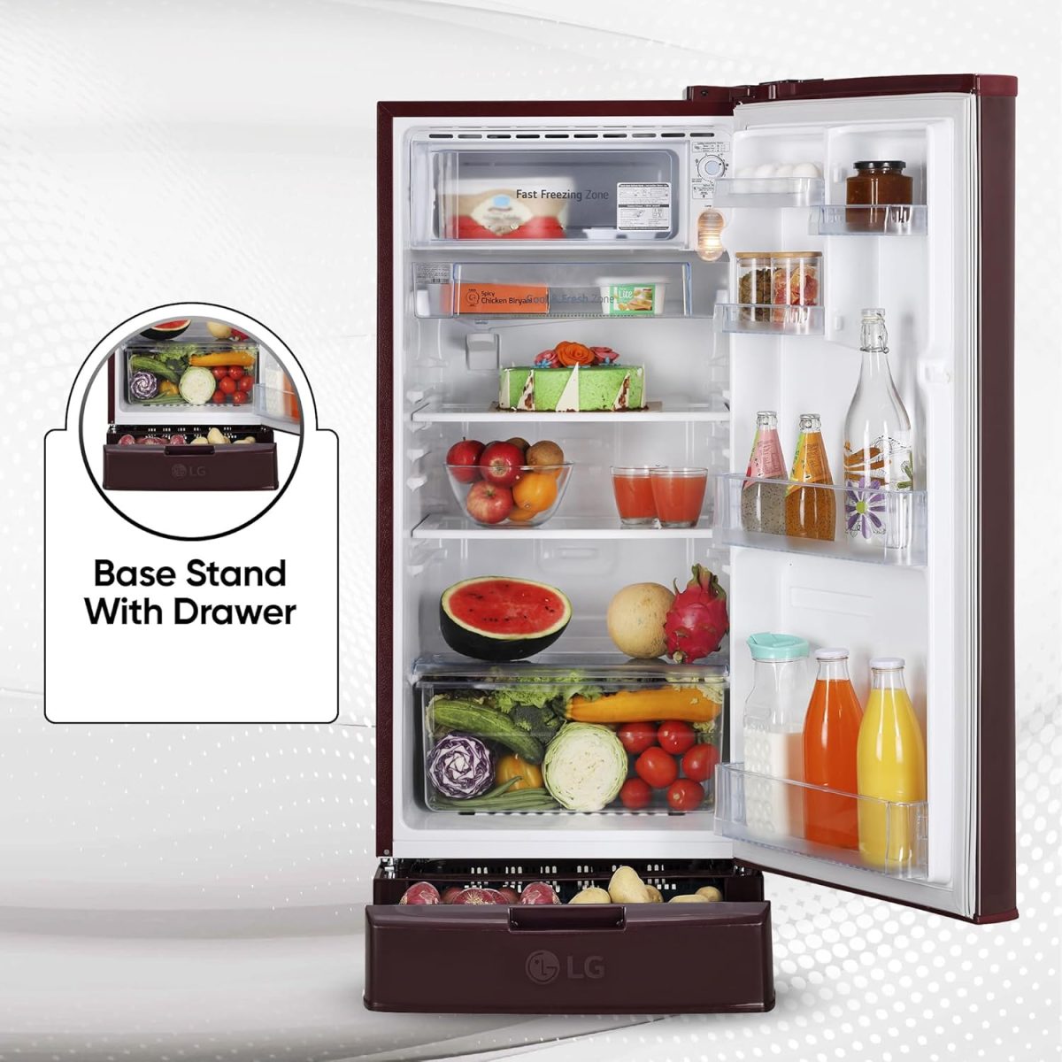 LG 185 L 4 Star Inverter Direct-Cool Single Door Refrigerator (GL-D199OSEY, Scarlet Euphoria, Base stand with drawer) - Image 8