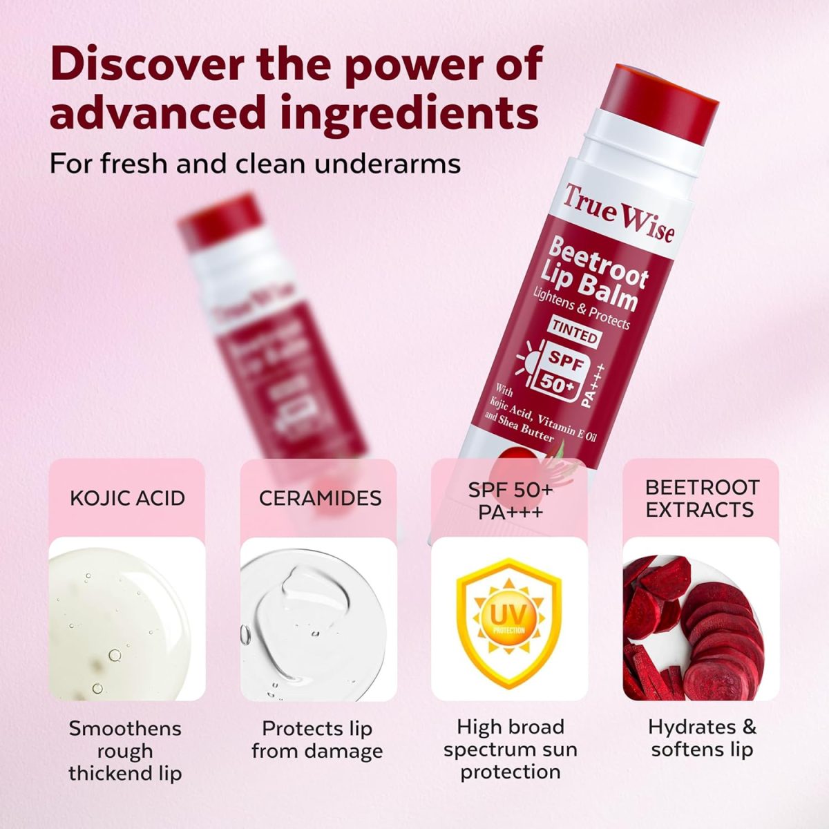TrueWise® Tinted Lip Balm with SPF 50 PA+++ Brightening Beetroot Lip Balm For Dark Lips With Kojic Acid,Vitamin E, Soft, Glossy Lips- SPF lip balm for Women 5g - Image 5