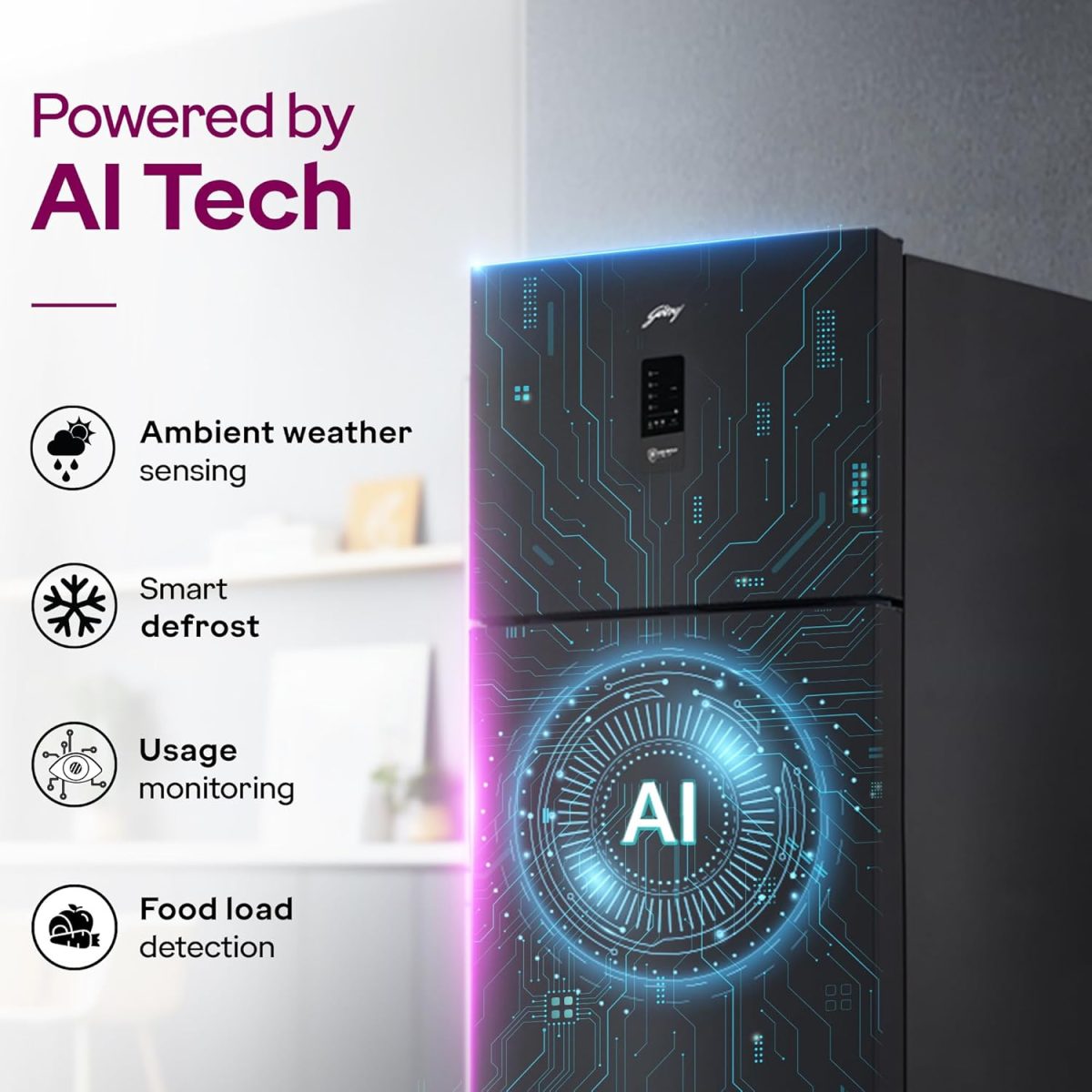 Godrej 436 L 2 Star With AI Tech, 95%+ Food Surface Disinfection With Nano Shield Technology Inverter Frost Free Double Door Regalis Refrigerator (RF EON 438B RCI MT BK, Matt Black) - Image 2