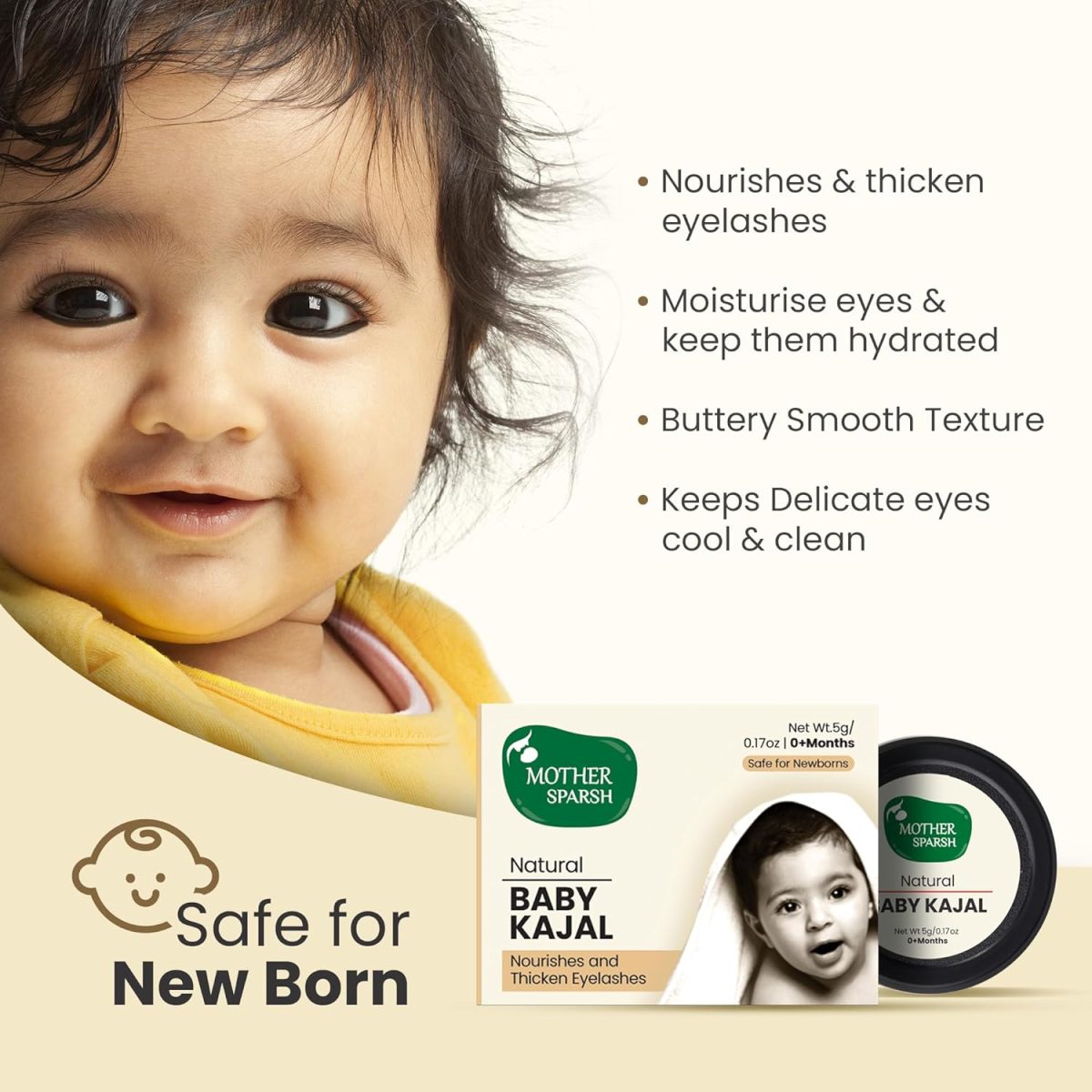 Mother Sparsh 100% Natural Baby Kajal with Zero Lead Content, Irritation Free & Safe for Newborn Babies, with Almond & Pure Cow Ghee, Nourishes & Thicken Baby Eyelashes - 5gm - Image 3