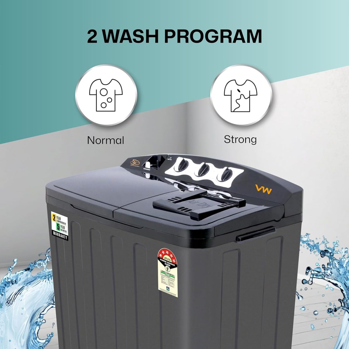 VW 7.5 kg 5 Star Aqua Spin Semi Automatic Top Load Washing Machine AquaSpin0075P (Black) - Image 3