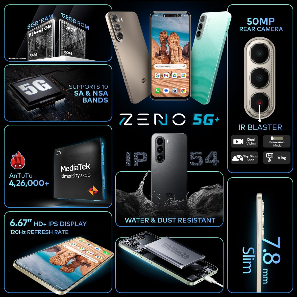 ZENO 5G AI Smartphone | 4GB RAM 128GB ROM | IP54 Rated for Dust & Water Resistance | D6300 5G Processor | 6.7" HD+ 120Hz Punch-Hole Display | 50MP Camera | 5-Year Fluency | Shadow Black - Image 3