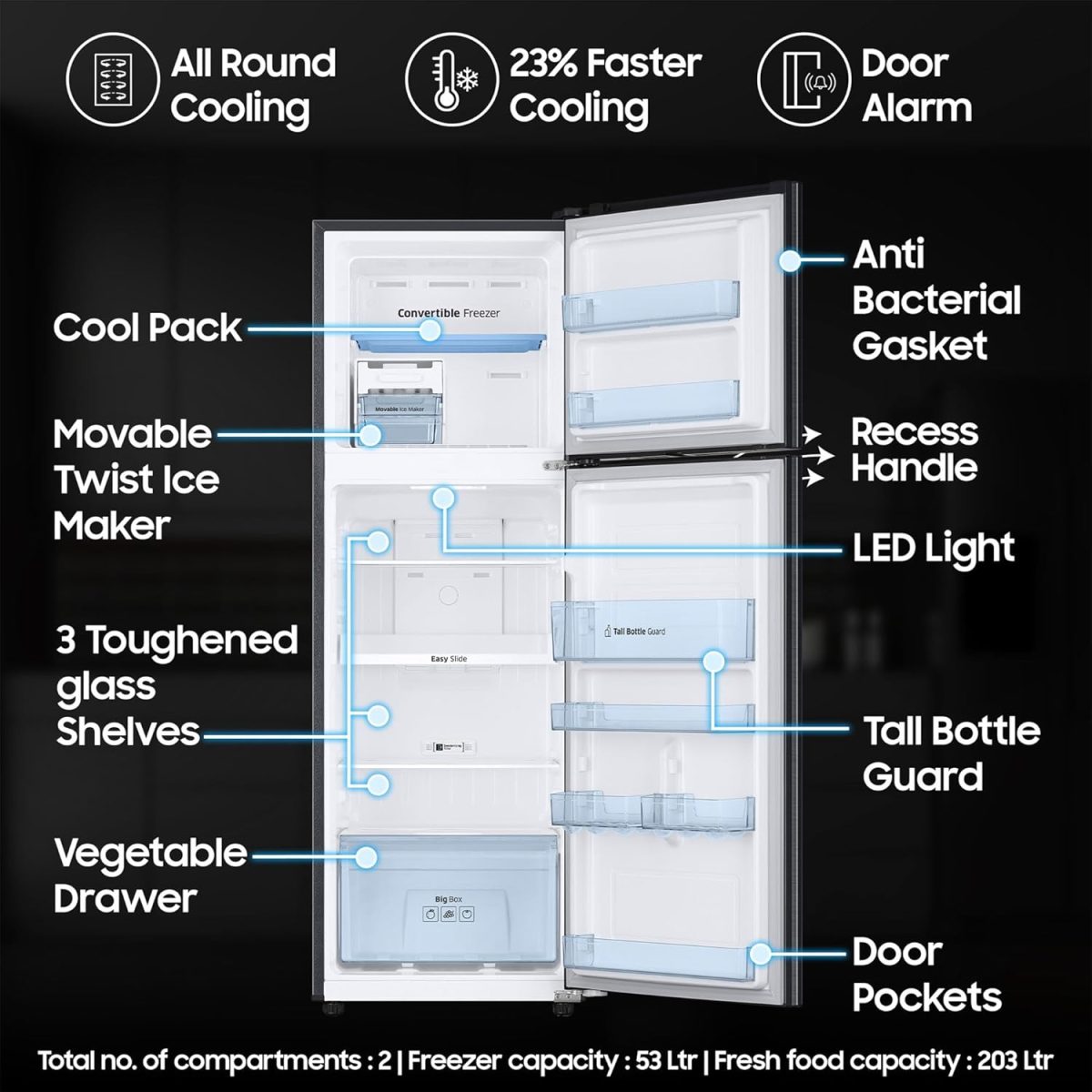 Samsung 256 L, 3 Star, Convertible, Digital Inverter with Display Frost Free Double Door Refrigerator (RT30C3733BX/HL, Luxe Black) - Image 3