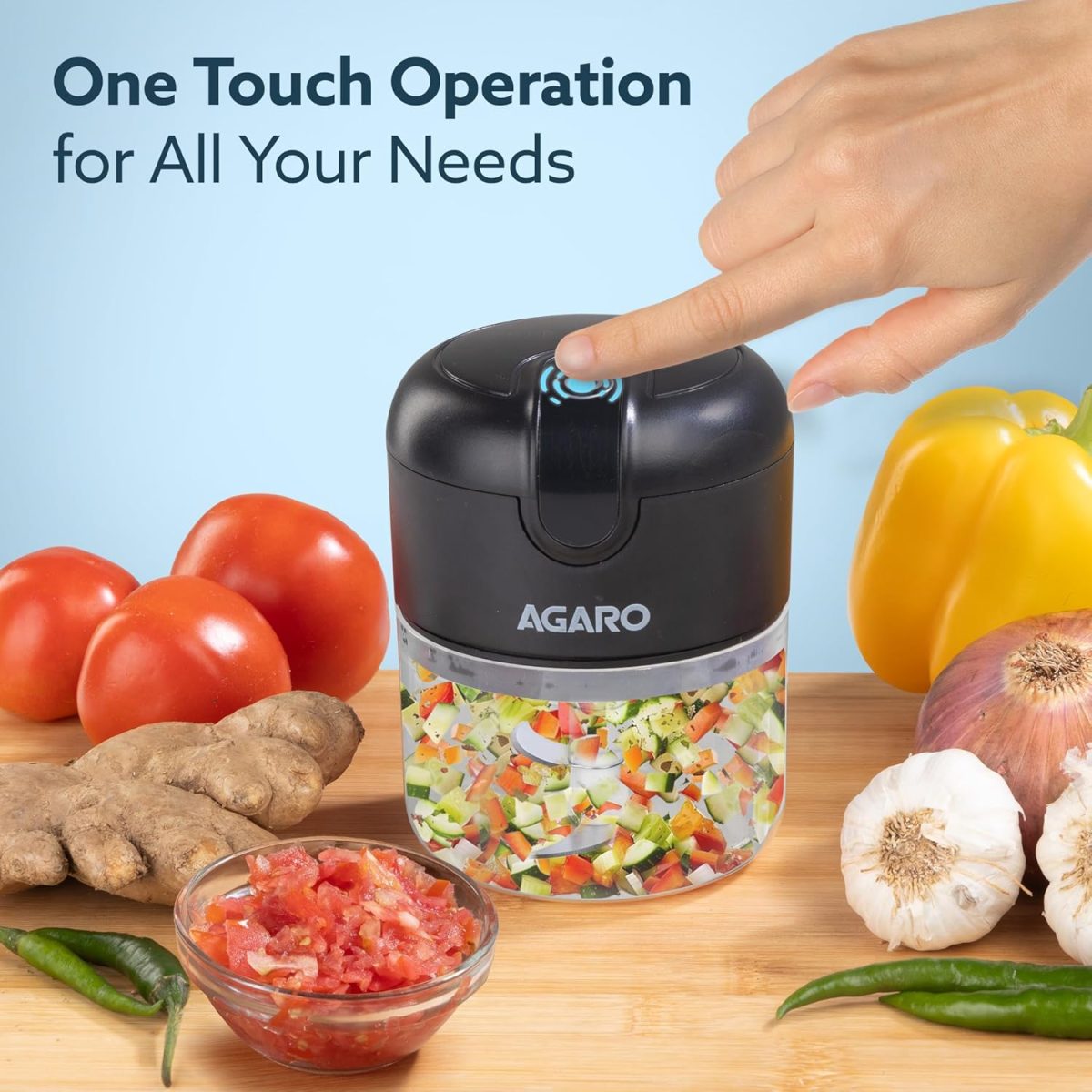 AGARO Elite Rechargeable Mini Electric Chopper, Food Grade Bowl, Stainless Steel Blades, One Touch Operation, for Mincing Garlic, Ginger, Onion, Vegetable, Meat, Nuts, 250 Ml, Black. - Image 3