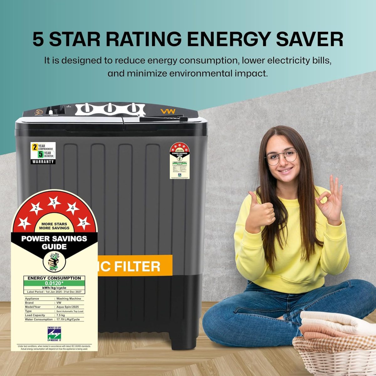 VW 7.5 kg 5 Star Aqua Spin Semi Automatic Top Load Washing Machine AquaSpin0075P (Black) - Image 2