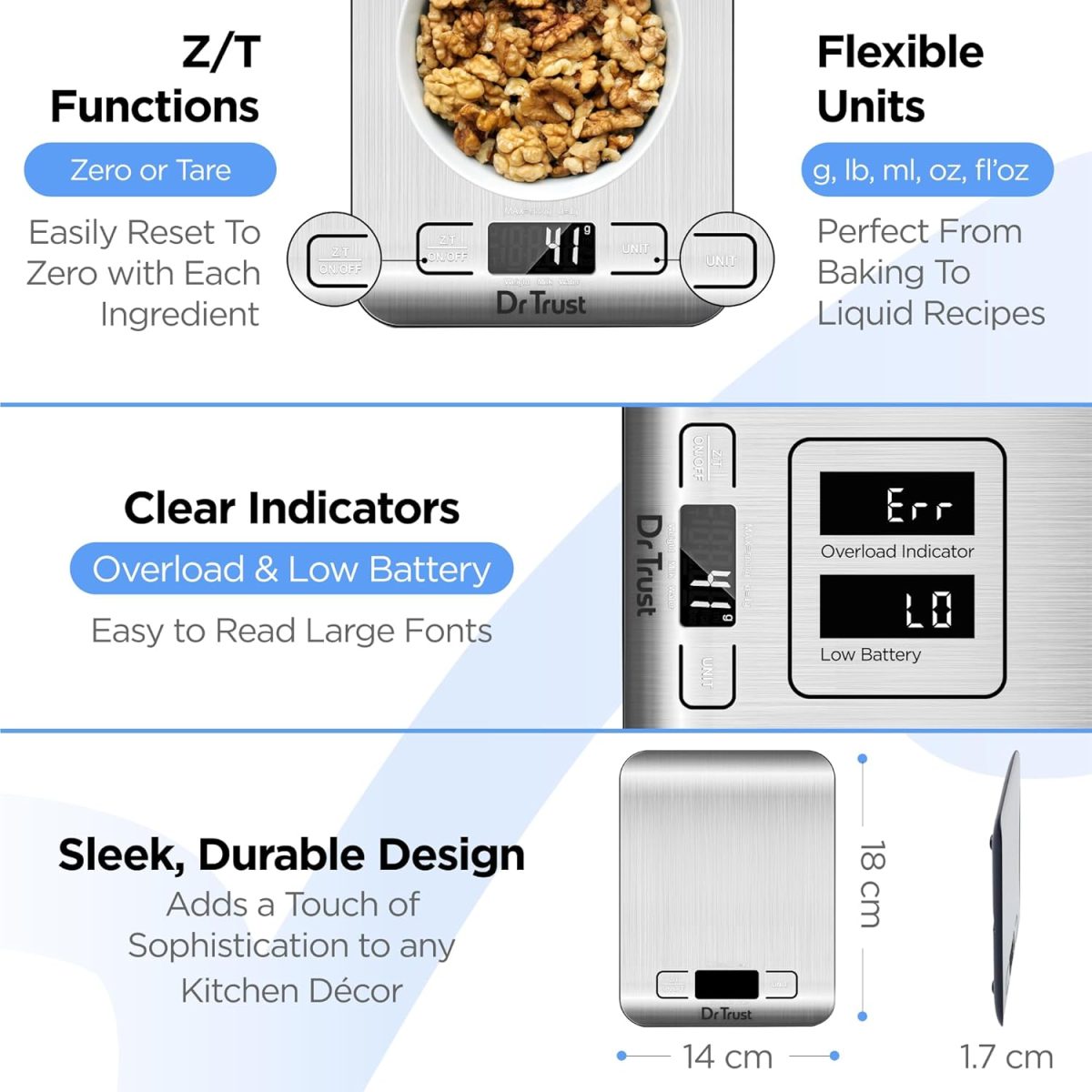 Dr Trust USA Stainless Steel Electronic Kitchen Digital Scale Weighing Machine For Health, Fitness, Diet, Nutrition, Cooking and Home Baking with Touch Button, Tare Function (5 Kg)-529 - Image 3