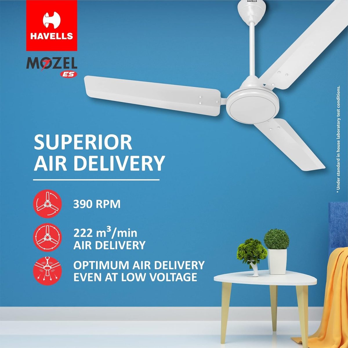 Havells 1200mm Mozel ES Ceiling Fan | Best in class base fan,High Air Delivery, Energy Saving, 100% Pure Copper Motor | 2 Year Warranty | (Pack of 1, Elegant White) - Image 2