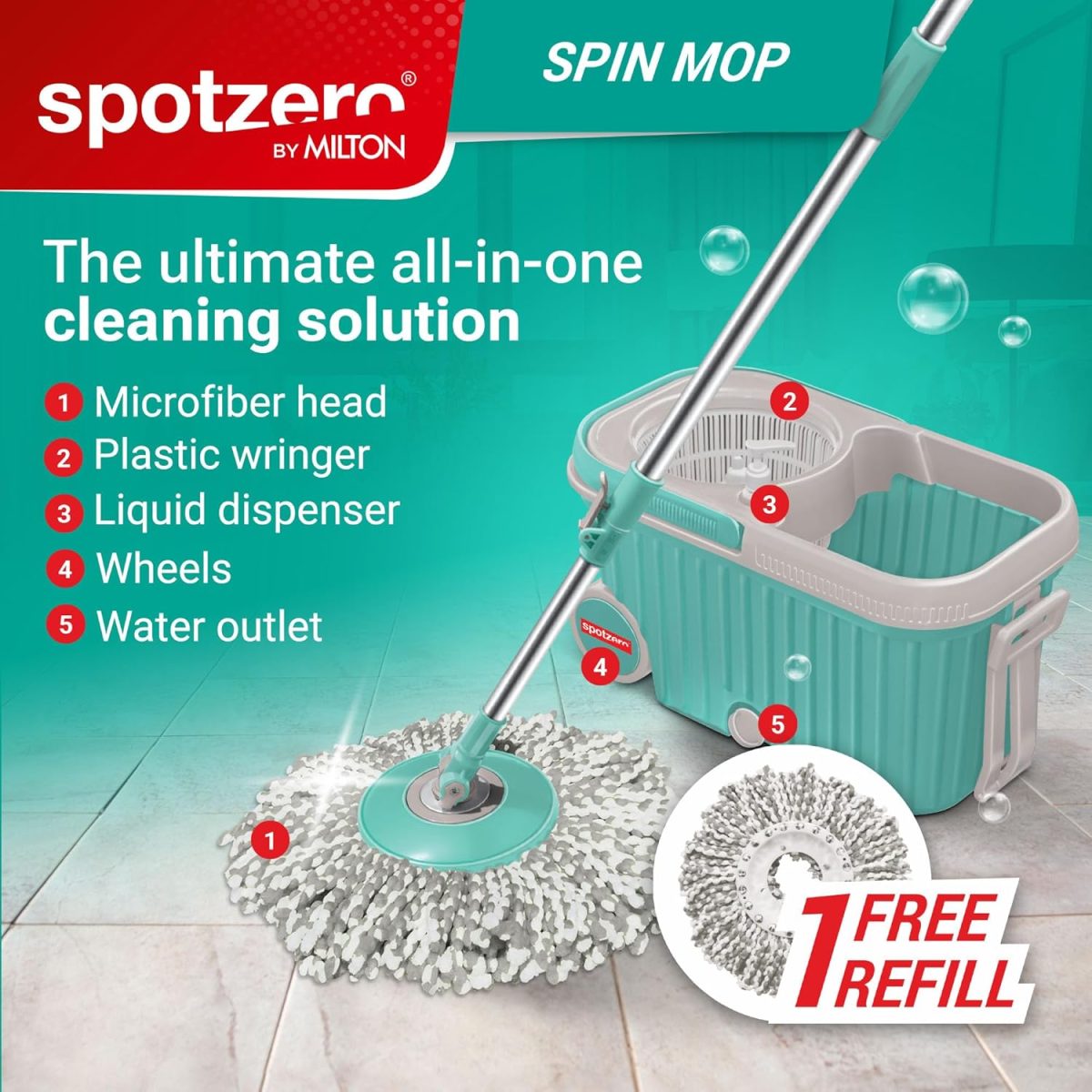 Spotzero by Milton Elite Spin Mop with Big Wheels, Puller Handle, Bucket Floor Cleaning and Mopping System 360° Flexible,2 Microfiber Refills, Big Size, Aqua Green - Image 8