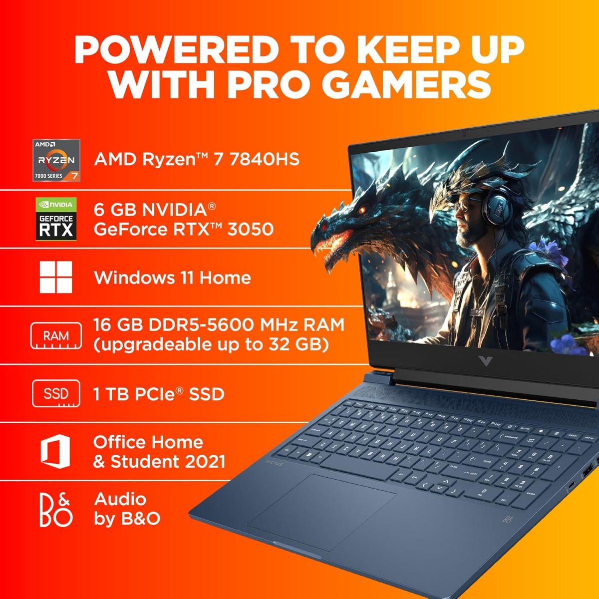 HP Victus Windows 11 Home Gaming Laptop,AMD Ryzen 7 7840Hs Ai Powered,6Gb RTX 3050 Gpu,16.1-Inch (40.9 Cm),95W Tgp,Fhd,IPS,144Hz,16Gb Ddr5,1Tb Ssd,RGB Backlit Kb,B&O (Mso,Blue,2.29 Kg),S0089Ax - Image 3