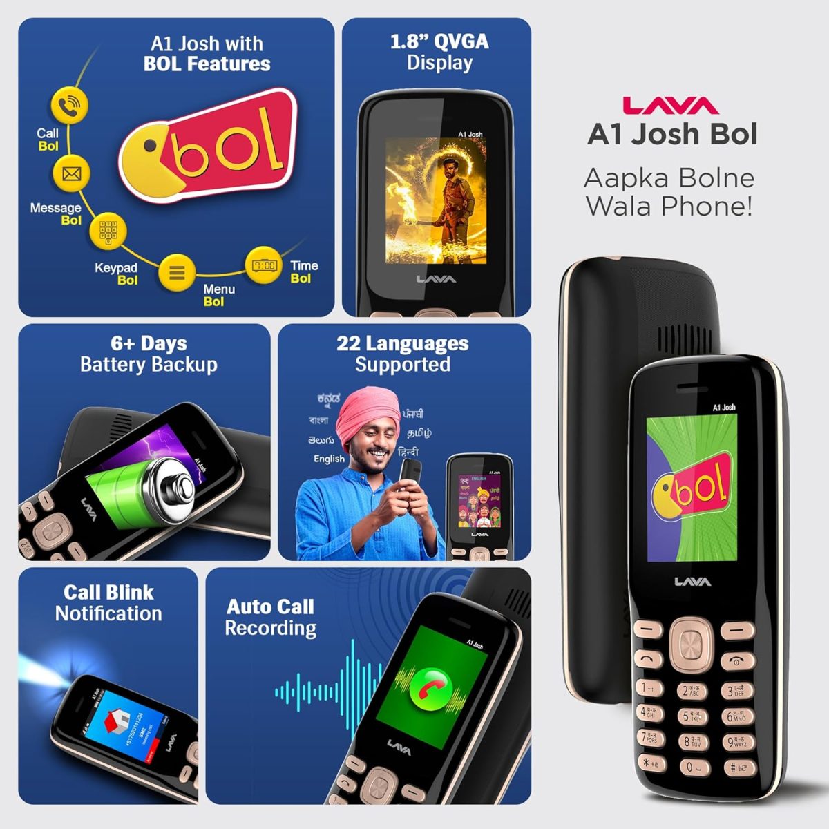 Lava A1 Josh (with BOL Feature) Dual Sim Keypad Mobile Phone | Long-Lasting Battery |22 Launguages Read Support | Auto Call Recording | Call Blink Notification (Black Gold) - Image 3