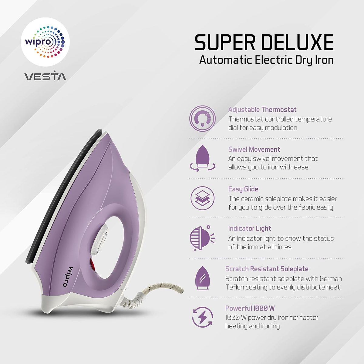 Wipro Smartlife Super Deluxe Dry Iron- 1000W - Image 2