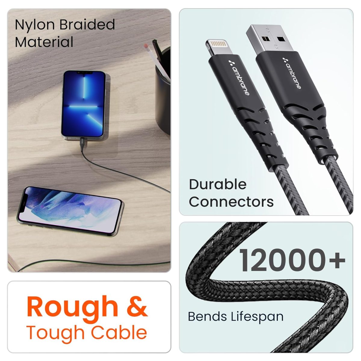 Ambrane USB to Lightning 3A Fast Charging Braided Cable Compatible for iPhone 14,13, 12,11, X, 8, 7, 6, 5, iPad, Macbook, iMac, AirPods, 480Mbps Data Sync, 1.5Meter Long (RCL -15, Black) - Image 4