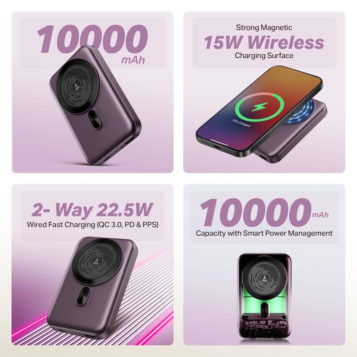 boAt New Launch EnergyShroom PB331 (Magsafe) 10000mAh Magnetic Wireless Powerbank, 15W Wireless & 22.5W Wired Charging for (iPhone 16,15,14,13 & 12, Android & Other Qi Enabled Devices) (Purple) - Image 2