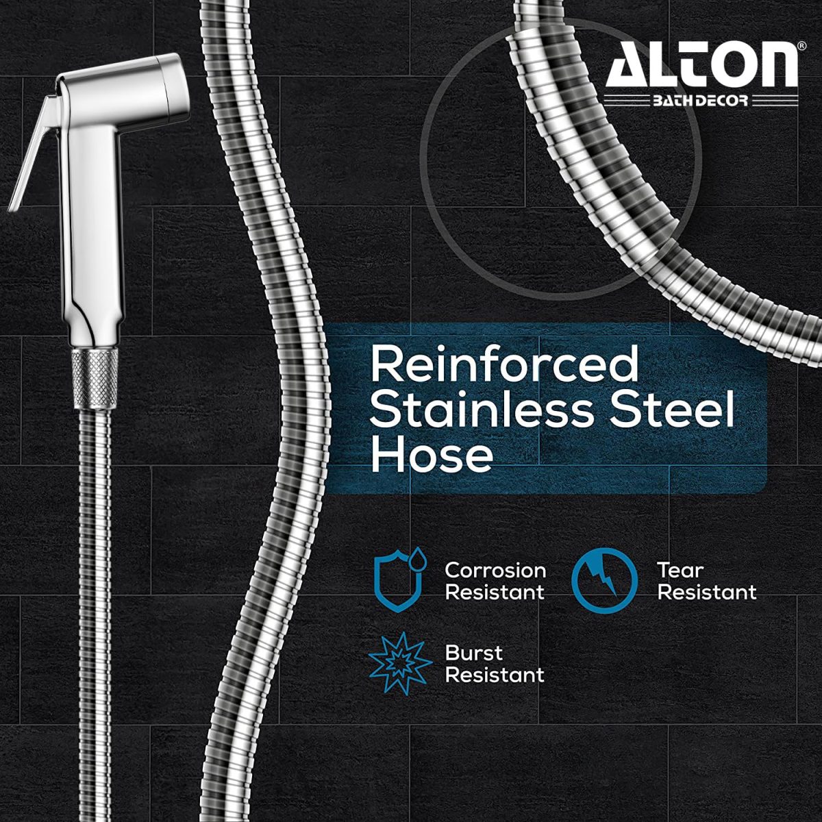 ALTON SHR20910 ABS Health Faucet with SS-304 Grade 1.25 Meter Flexible Hose Pipe and Wall Hook, Chrome Finish (Jet Spray for Toilet) - Image 3