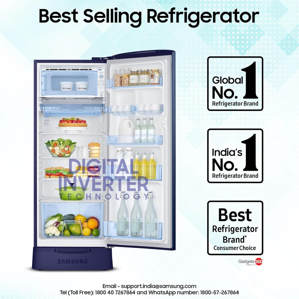 Samsung 223 L, 3 Star, Digital Inverter, Direct-Cool Single Door Refrigerator (RR24D2Z23CU/NL, Camellia Blue, Base Stand Drawer) - Image 4