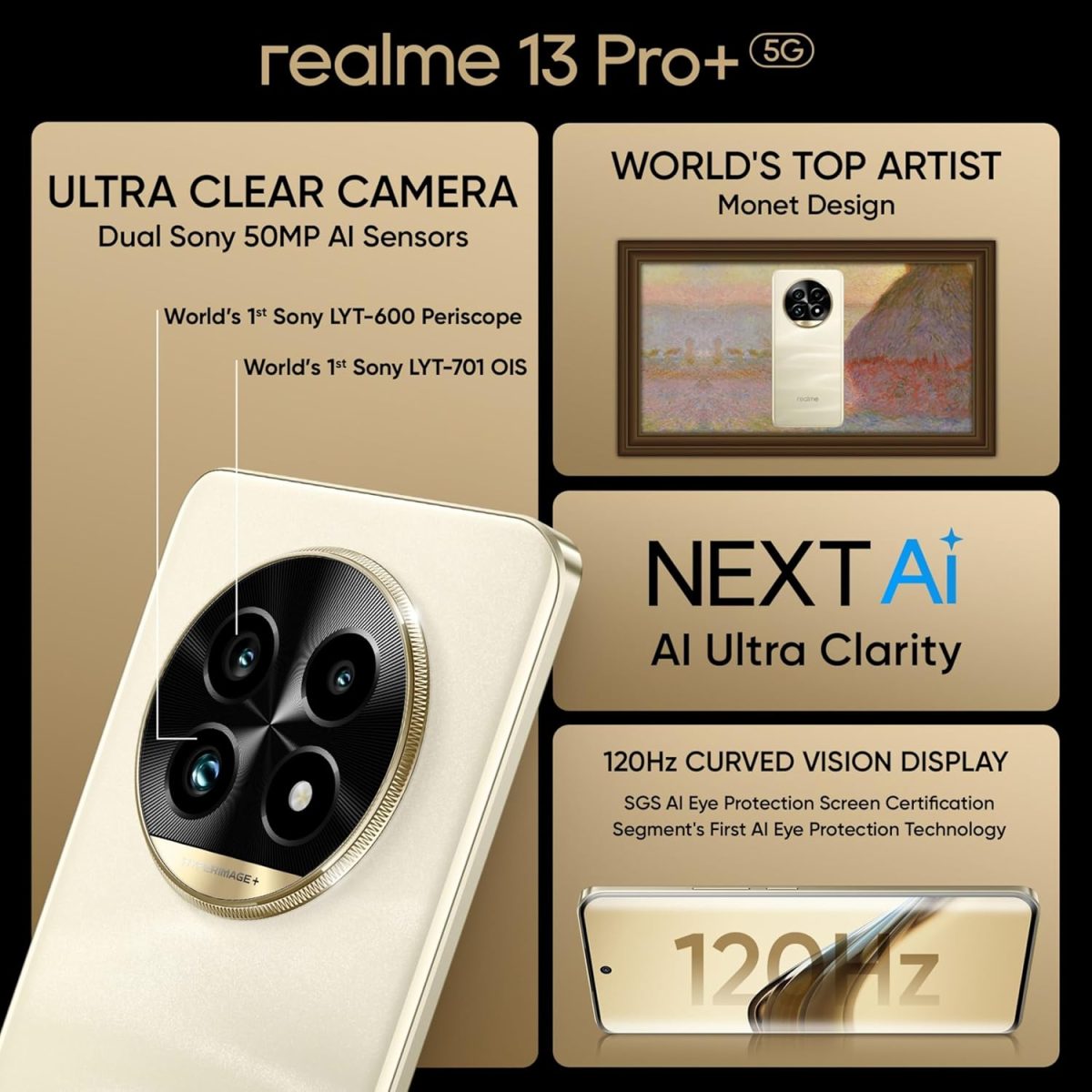realme 13 Pro+ 5G (Monet Gold, 8 GB RAM, 256GB Storage) | Upto 16GB Dynamic RAM | Snapdragon 7s Gen 2 Processor | 6.7" Curved Display | 50MP+8MP+50MP | 32MP Front Cam | AI Ultra Clarity | 80W SUPERVOOC - Image 5
