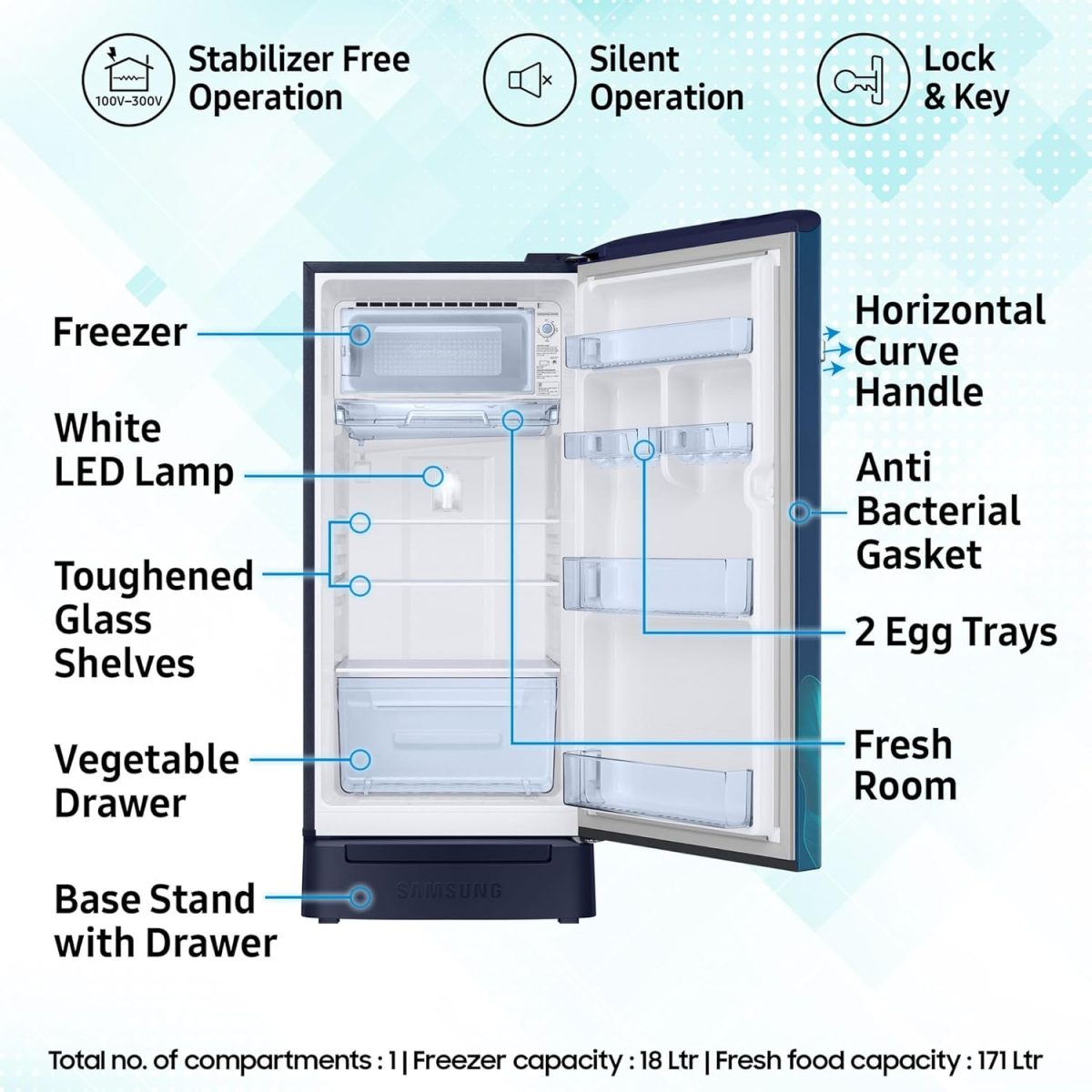 Samsung 189 L, 5 Star, Digital Inverter, Direct-Cool Single Door Refrigerator (RR21D2H259U/HL, Paradise Bloom Blue, Base Stand Drawer) - Image 3