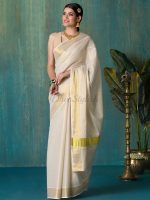 DhevStylish Women's Kerala Kasavu Golden Tissue Plain Saree with Running Blouse | Saree length: 6.25 Meters | Blouse: Running Blouse only - Image 2