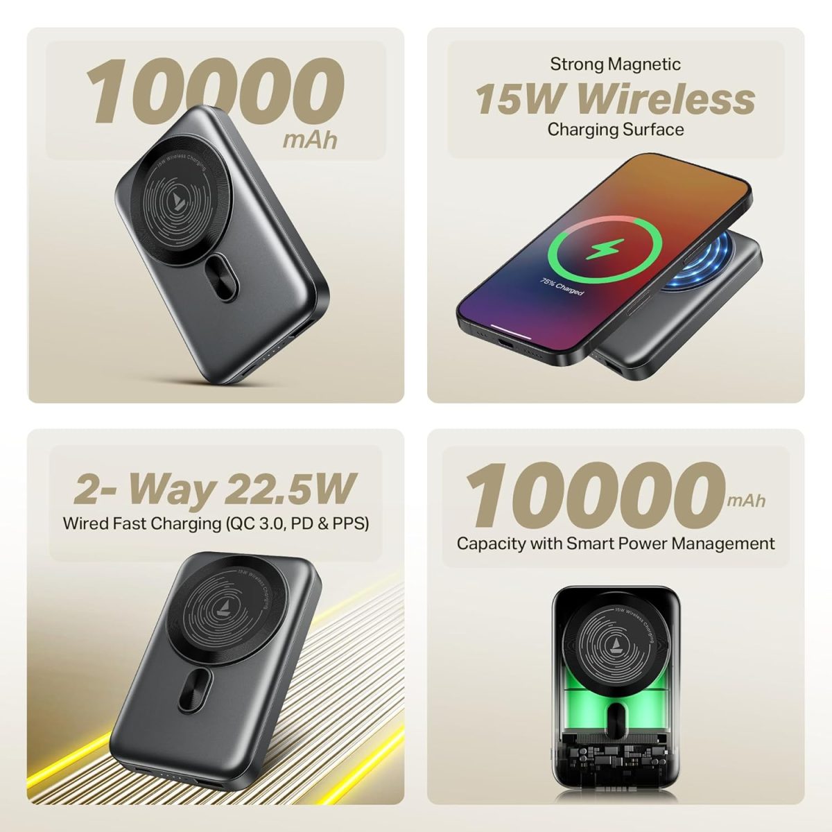 boAt New Launch EnergyShroom PB331 (Magsafe) 10000mAh Magnetic Wireless Powerbank, 15W Wireless & 22.5W Wired Charging for (iPhone 16,15,14,13 & 12, Android & Other Qi Enabled Devices) (Ash Grey) - Image 2