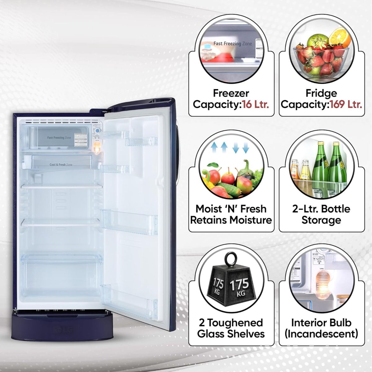 LG 185 L 5 Star Direct Cool Smart Inverter Compressor Single Door Refrigerator (GL-D201ABIU, Blue ILAN, Moist N Fresh, Auto Smart Connect with Base Stand Drawer) - Image 3