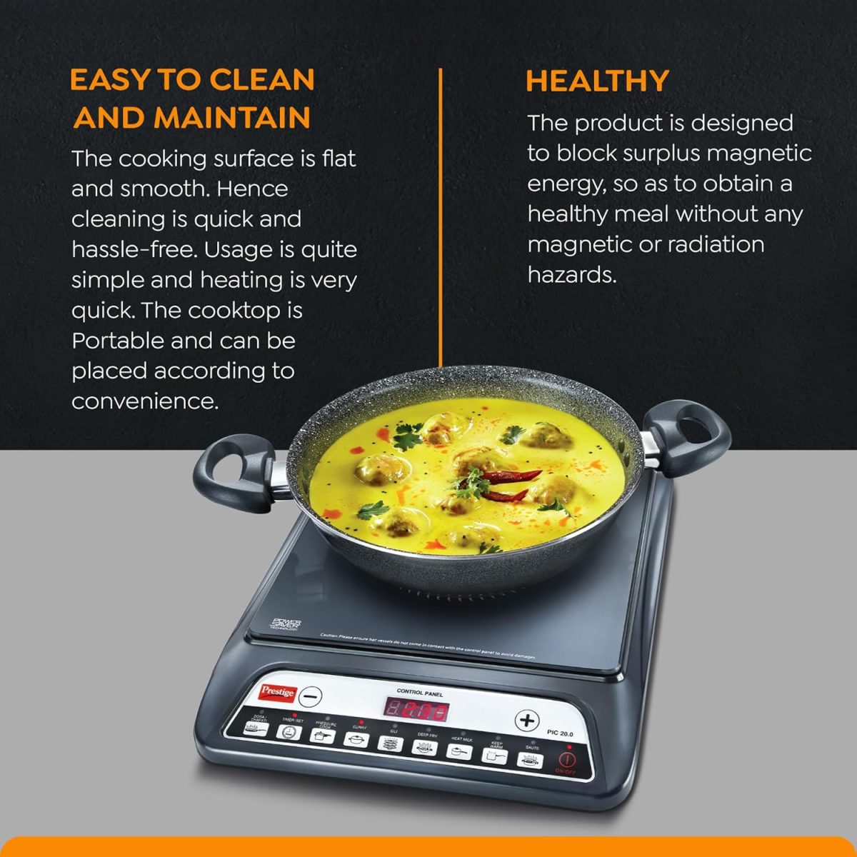 Prestige PIC 20 1600 Watts Induction Cooktop |Indian Menu Option |High Voltage Surge Protection| Automatic Power & Temperature Adjustment|1 year Warranty |Black - Image 4
