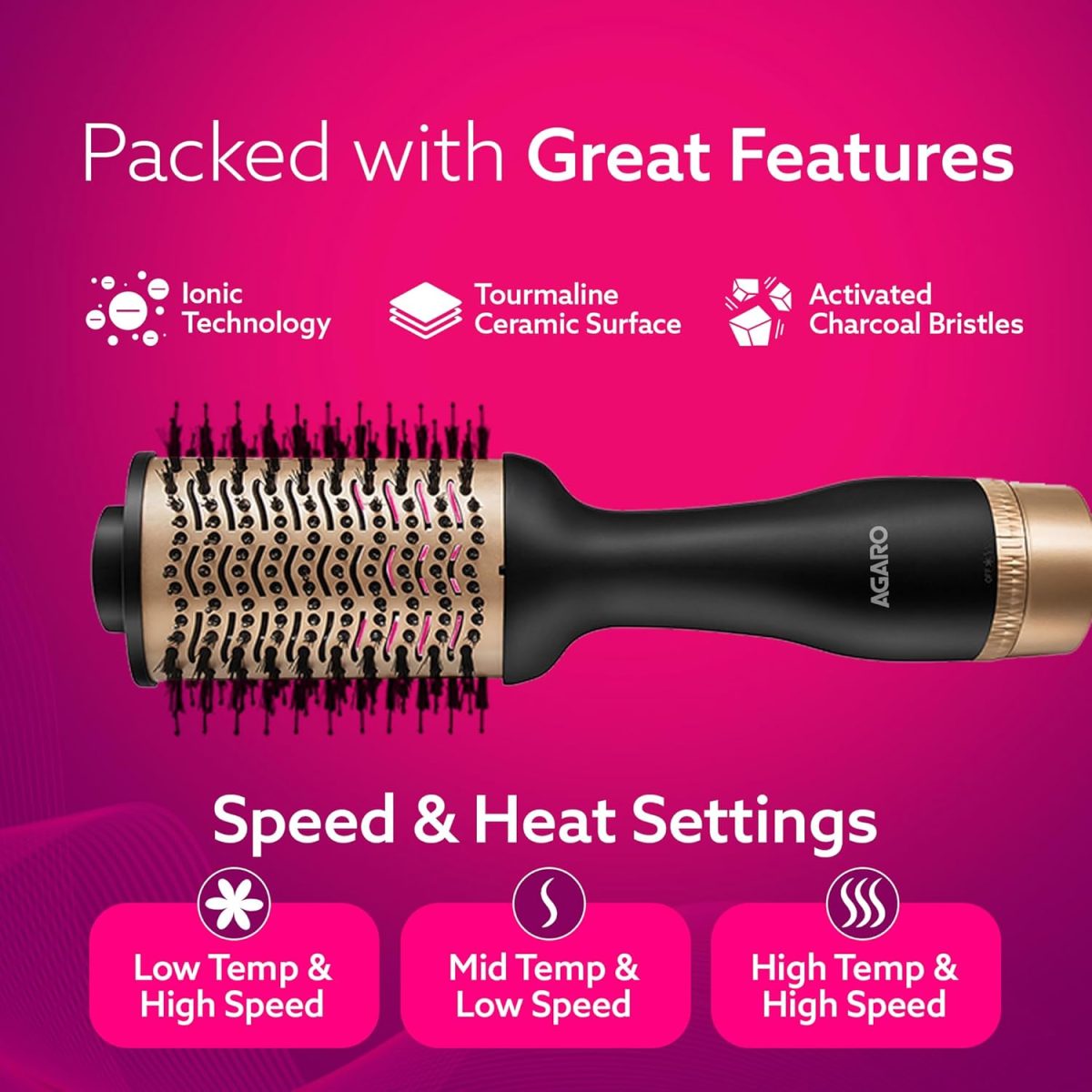 AGARO HV2179 Hot Air Brush for Hair, Blow Dryer Brush, Volumizer & Styler, 360° Airflow Vent, Oval Barrel for Hair Volume, Charcoal Bristles, Ceramic Coating Brushing Head, 1200W, Gold & Black - Image 7