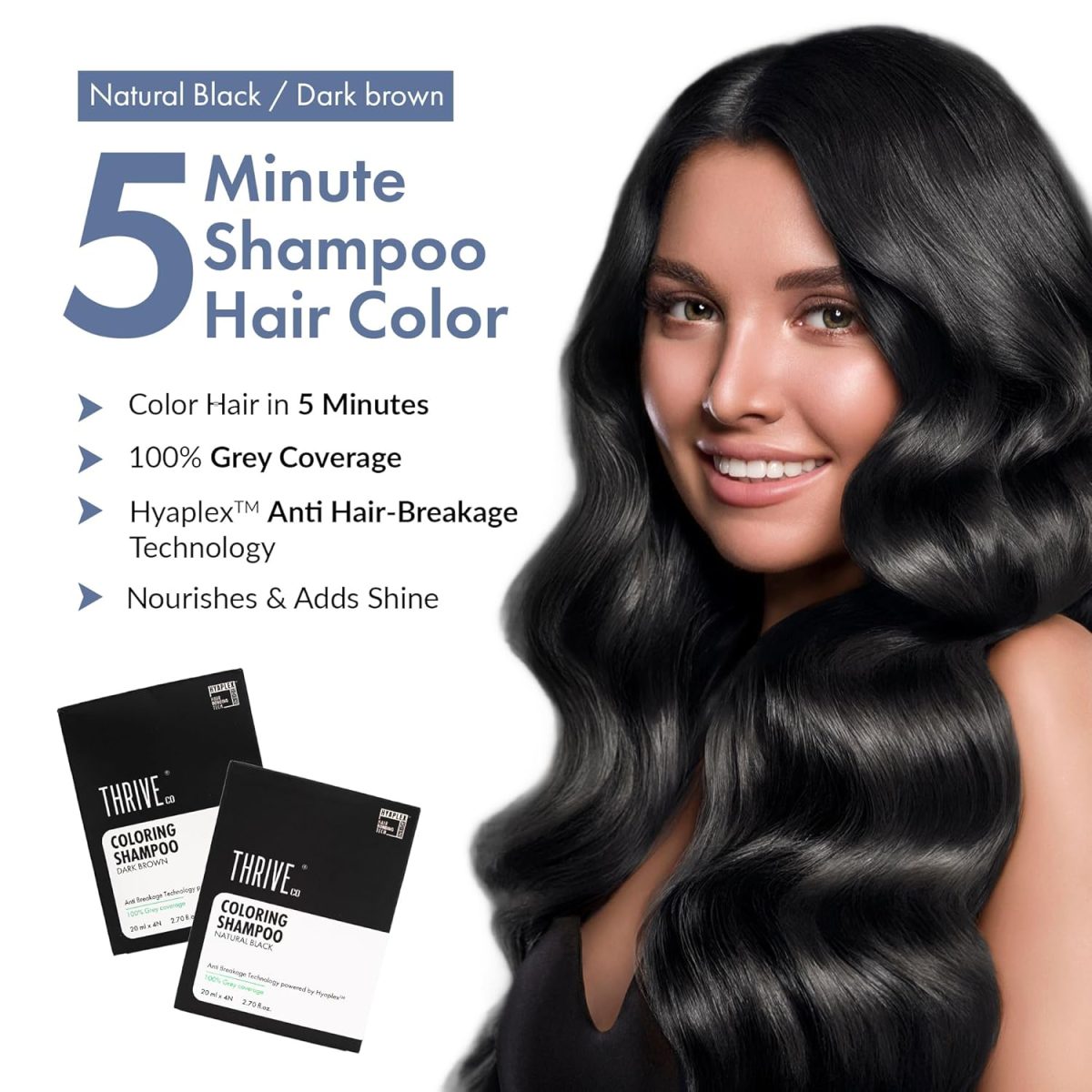ThriveCo Natural Black 5-Minute Coloring Shampoo | 100% Grey Coverage - 20ml X 4 | Ammonia-Free | Infused with Hyaplex™ | Hydrates Hair & Delivers Deep, Long-Lasting Color | 80 ML - Image 2