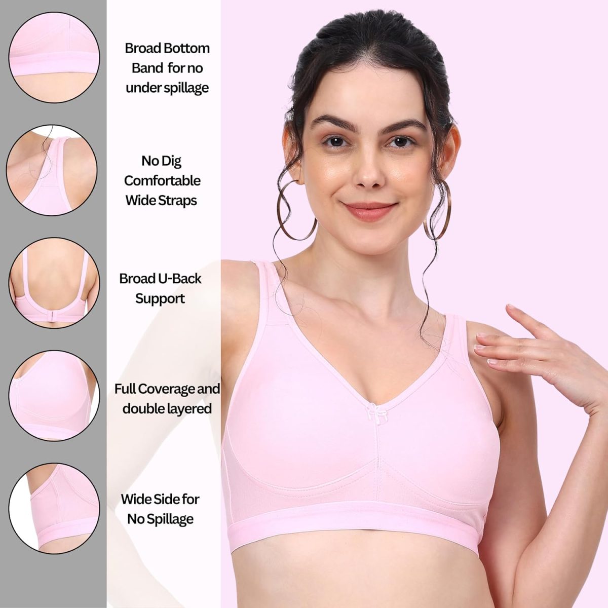 RACOS Non Padded Wire Free Full Coverage Broad Strap Heavy Bust Everyday T-Shirt Cotton Bra for Women B Cup in Multicolor for Daily Use - Image 2