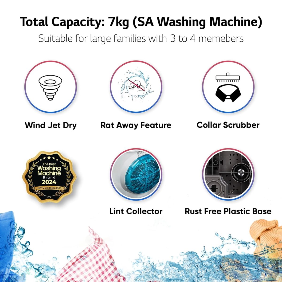 LG 7 Kg 5 Star Wind Jet Dry Semi-Automatic Top Loading Washing Machine (P7020NGAZ, Dark Gray, Rat Away Feature) - Image 2
