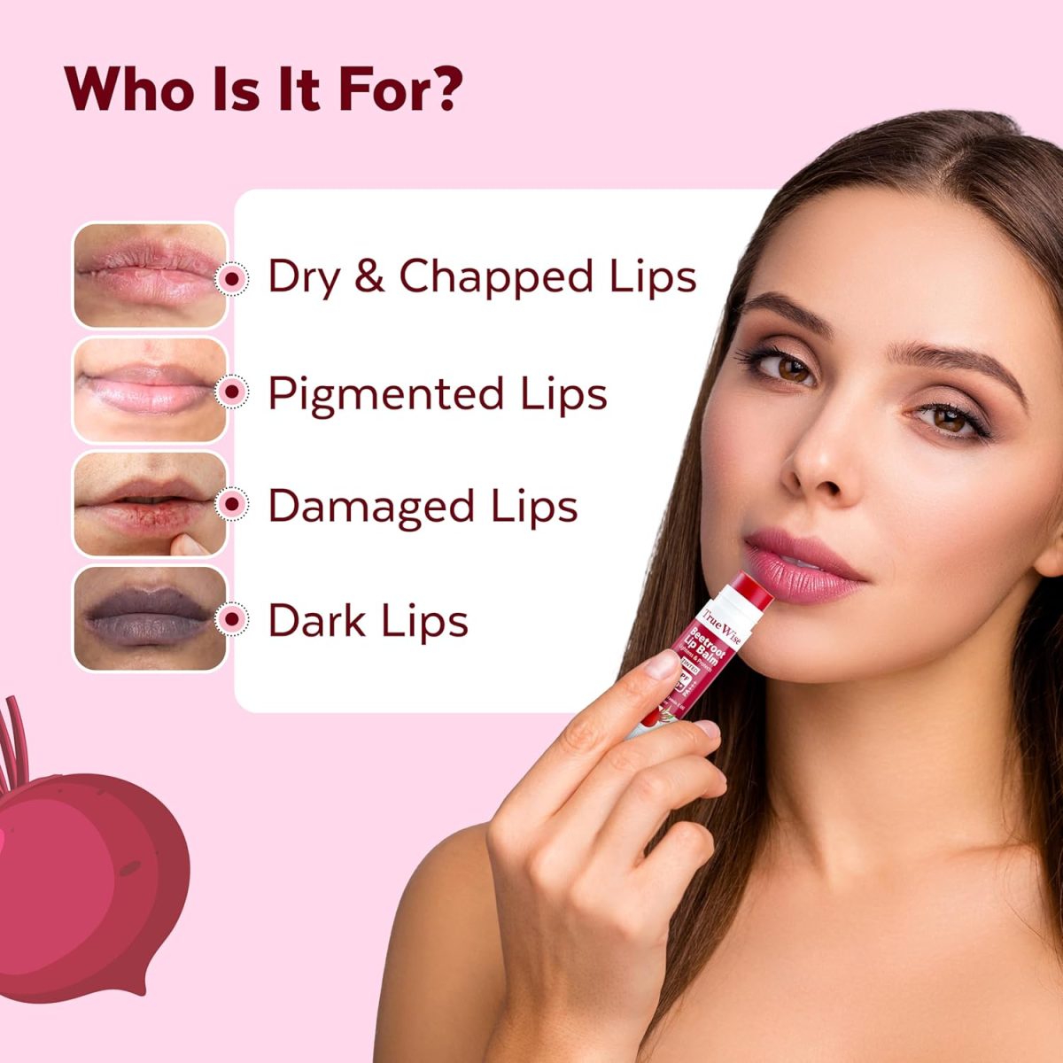 TrueWise® Tinted Lip Balm with SPF 50 PA+++ Brightening Beetroot Lip Balm For Dark Lips With Kojic Acid,Vitamin E, Soft, Glossy Lips- SPF lip balm for Women 5g - Image 7