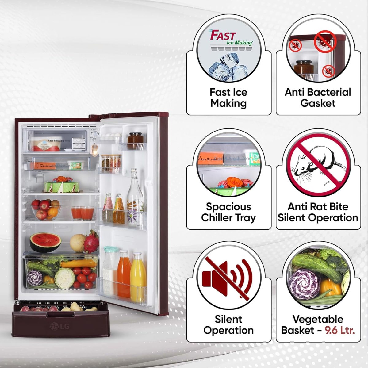 LG 185 L 4 Star Inverter Direct-Cool Single Door Refrigerator (GL-D199OSEY, Scarlet Euphoria, Base stand with drawer) - Image 4