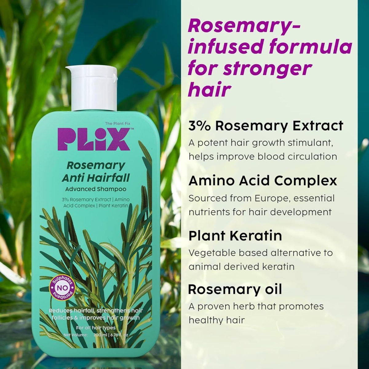 PLIX - THE PLANT FIX Fix Rosemary Advanced Anti Hair Fall Shampoo & Serum | Reducing Hair Loss & Breakage | All Hair Types | Men & Women | Sulphate & Parabeen Free| Dermatologically Tested, 440 g - Image 4