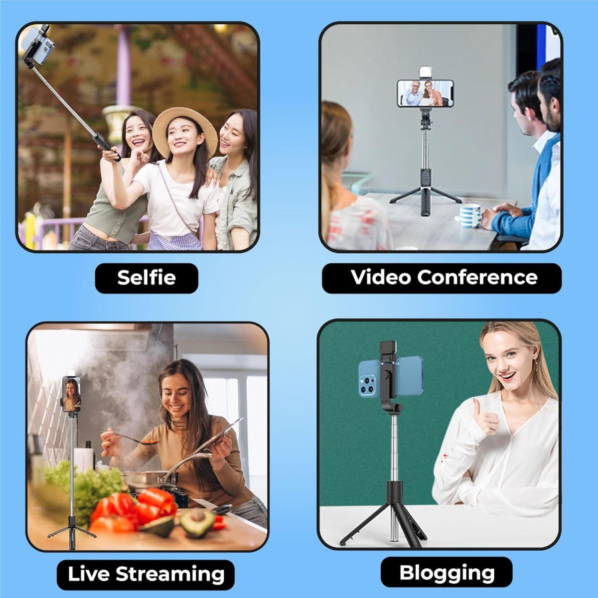 Kratos Selfie Stick Tripod Stand, 3 in 1 Multifunctional Design, Rechargable LED Light with Two Brighness Levels for Make up, Selfie & Photo Shoot, Selfie Stick with Bluetooth Remote (with Light) - Image 8