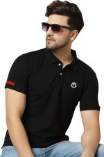 London Hills Men's Half Sleeve Cotton Blend Casual Polo Neck Regular Fit Non-Shrinkable Black T-Shirt (with Badge on Chest) - Image 5