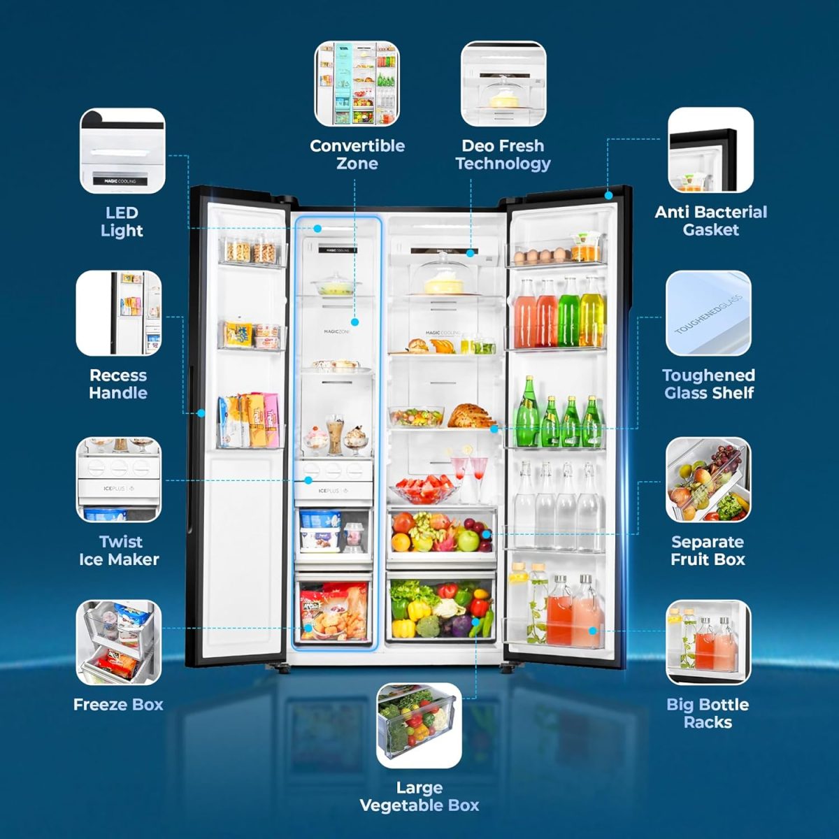 Haier 602 L, 3 Star, WiFi Enabled, 100% Convertible Fridge Space, Expert Inverter 2-Door Frost Free Side by Side Refrigerator, (HRS-682KGU1, Black Glass) - Image 5