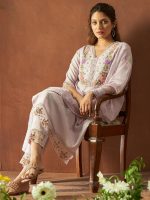 INDO ERA Women's Lavender Silk Blend Embroidered Straight Kurta And Pant With Dupatta Set - Image 3