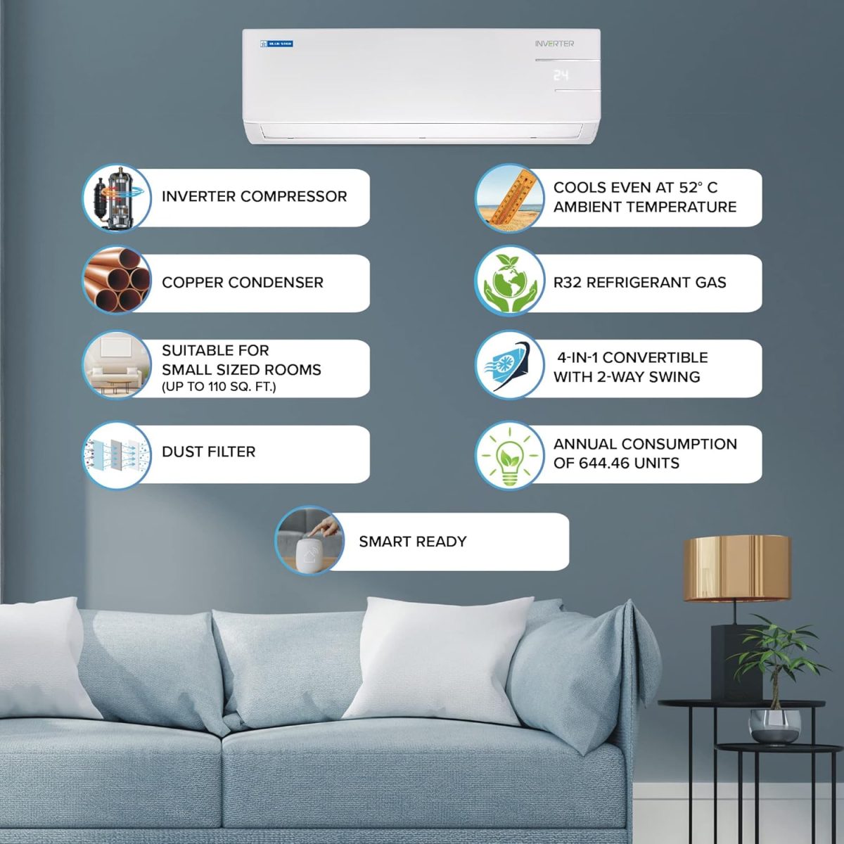 Blue Star 0.9 Ton 3 Star 5 in 1 Convertible Inverter Split AC (Copper, Smart Ready, Turbo Cool, IA311YNU, 2023 Model, White), Free 1 Year Extended warranty - Image 2