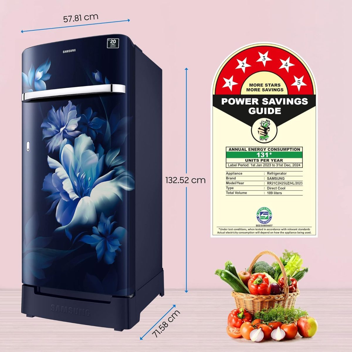 Samsung 189L 5 Star, Inverter, Direct-Cool Single Door Refrigerator (RR21C2H25UZ/HL,Midnight Blossom Blue) Base Stand Drawer - Image 4