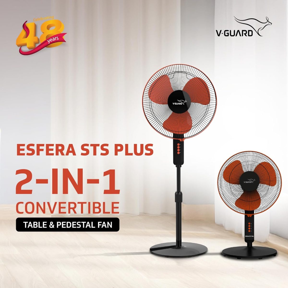 V-Guard Esfera STS Plus Pedestal Cum Table Fan | Versatile 2-In-1 Operation | 1350 RPM Motor | Customisable Tilt And Oscillation Control | Red Black | 40 cm (400mm) - Image 2