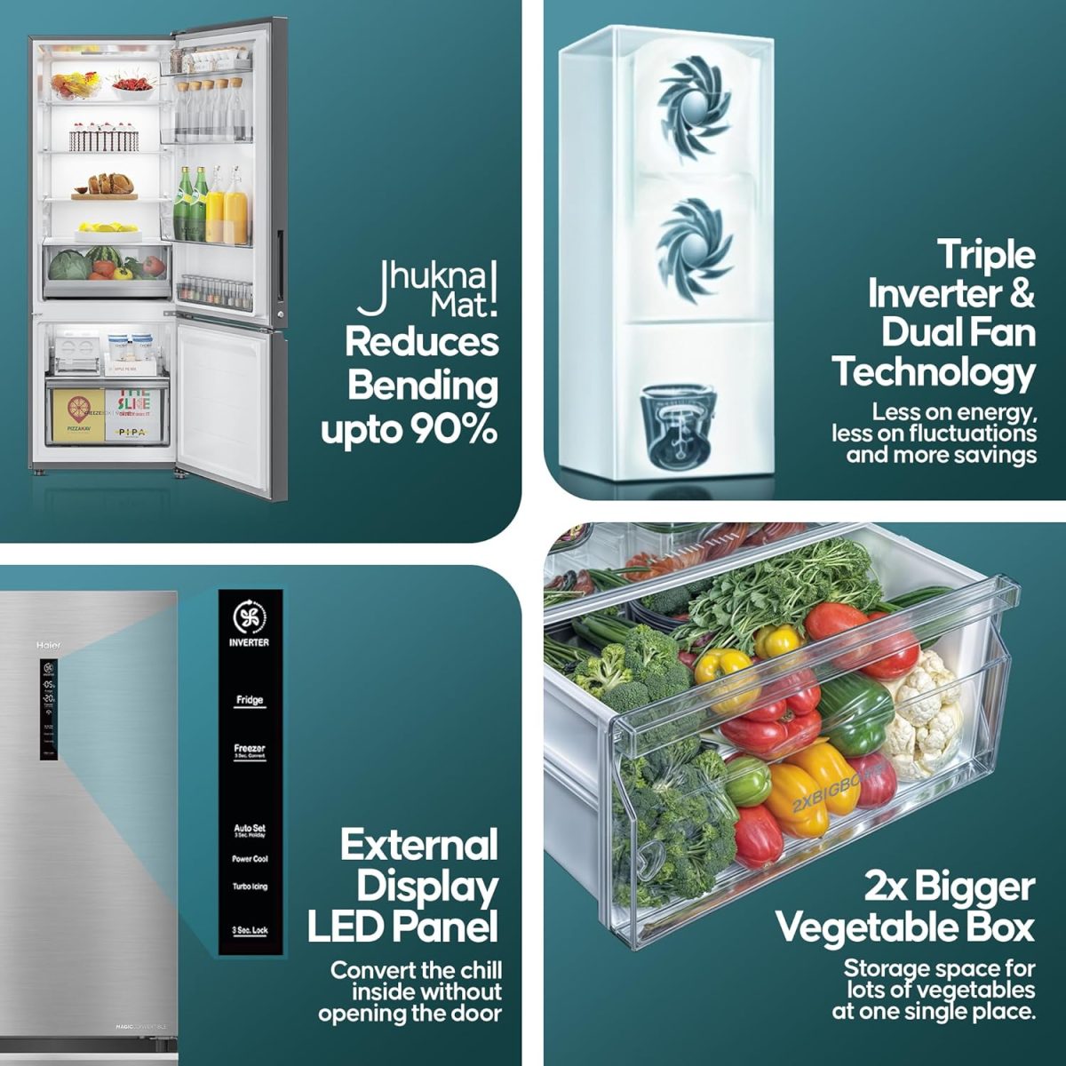 Haier 325 L, 3 Star, Convertible 14-in-1 Triple Inverter & Fan Motor Technology, with Display Frost Free Double Door Bottom Mount Refrigerator (HEB-333DS-P, Dazzle Steel) - Image 3