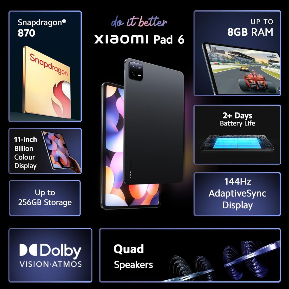 Xiaomi Pad 6 [Smartchoice]| Qualcomm Snapdragon 870| Powered by HyperOS |144Hz Refresh Rate| 8GB, 256GB| 2.8K+ Display (11-inch/27.81cm) Tablet| Dolby Vision Atmos| Quad Speakers| Wi-Fi| Gray - Image 3