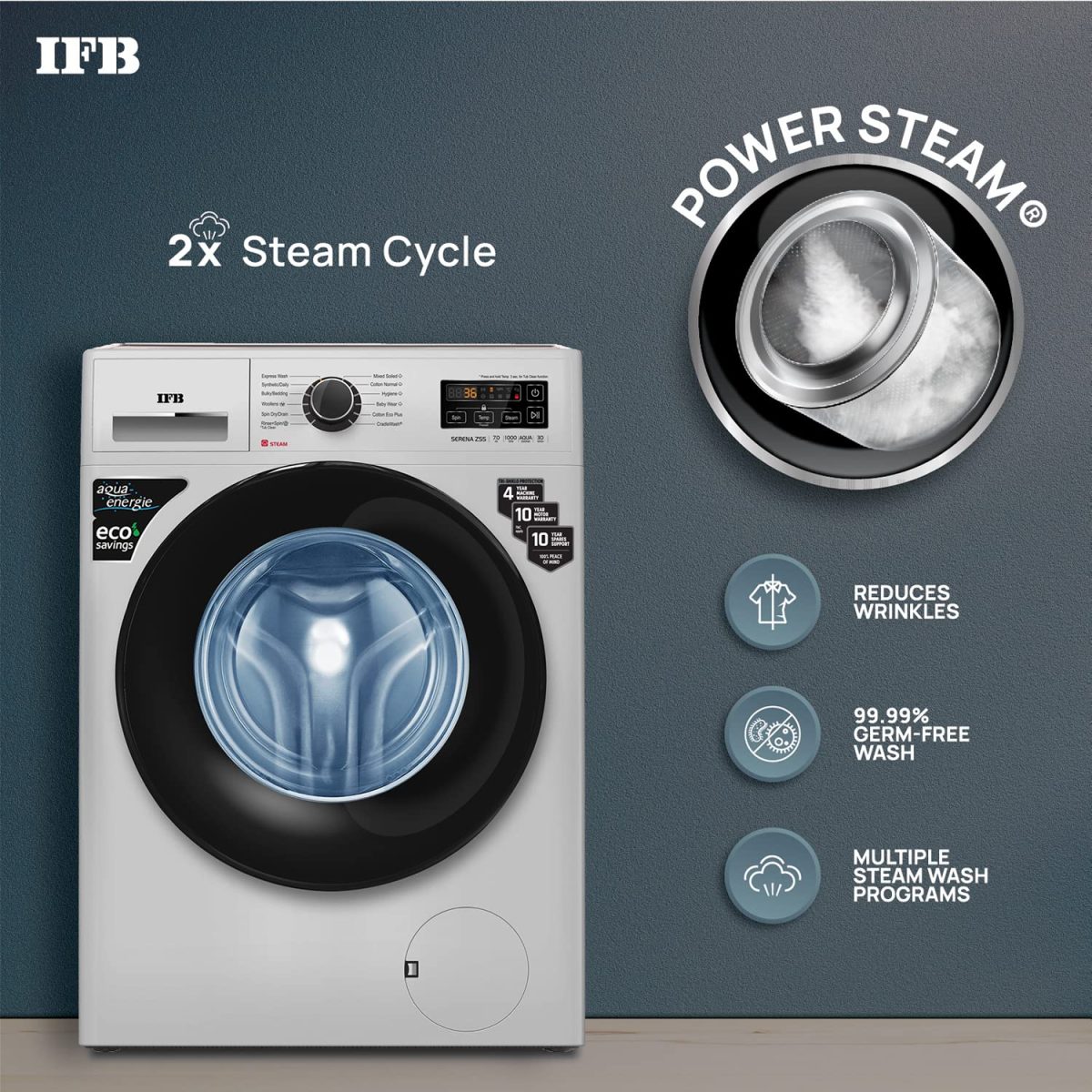 IFB 7 Kg 5 Star Front Load Washing Machine 2X Power Steam (SERENA ZSS 7010, Silver & Black, In-built Heater, 4 years Comprehensive Warranty) - Image 2