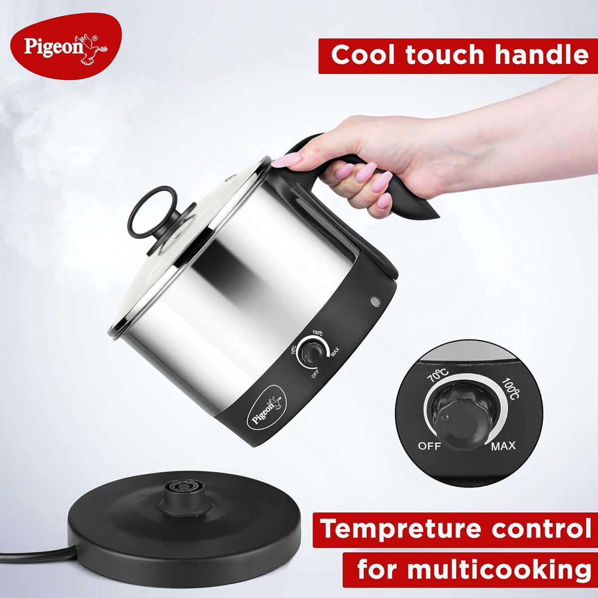 Pigeon Kessel Multipurpose Kettle (12173) 1.2 litres with Stainless Steel Body, used for boiling Water and milk, Tea, Coffee, Oats, Noodles, Soup etc. 600 Watt (Black & Silver) - Image 3
