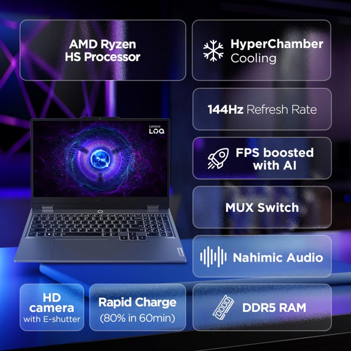 Lenovo LOQ 2024, AMD Ryzen 7 7435HS, NVIDIA RTX 4060-8GB, 24GB RAM, 512GB SSD, 15.6"/39.6cm, Windows 11, MS Office Home 2024, Grey, 2.4Kg, 83JC00EHIN, 100% sRGB, 3 Mon. Game Pass Gaming Laptop - Image 2