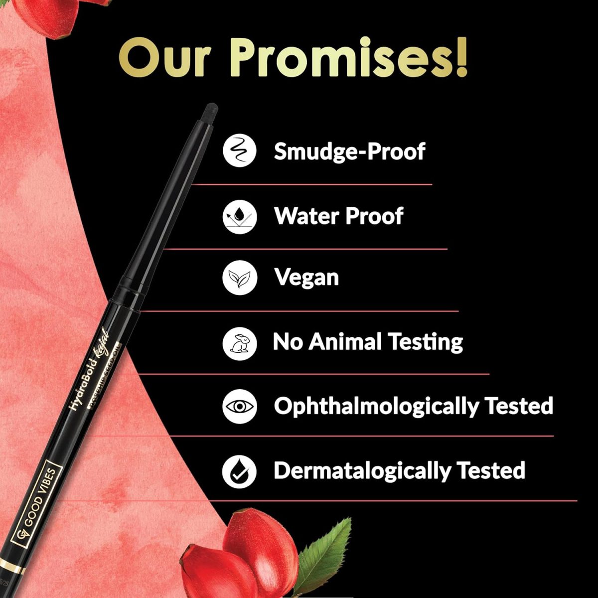 Good Vibes HydraBold Intense Black Kajal (0.35g) | 24HR Long Lasting Stay | Smudge Proof & Water Proof | With Rosehip Seed Oil | Highly Pigmented | Smooth Texture - Image 4