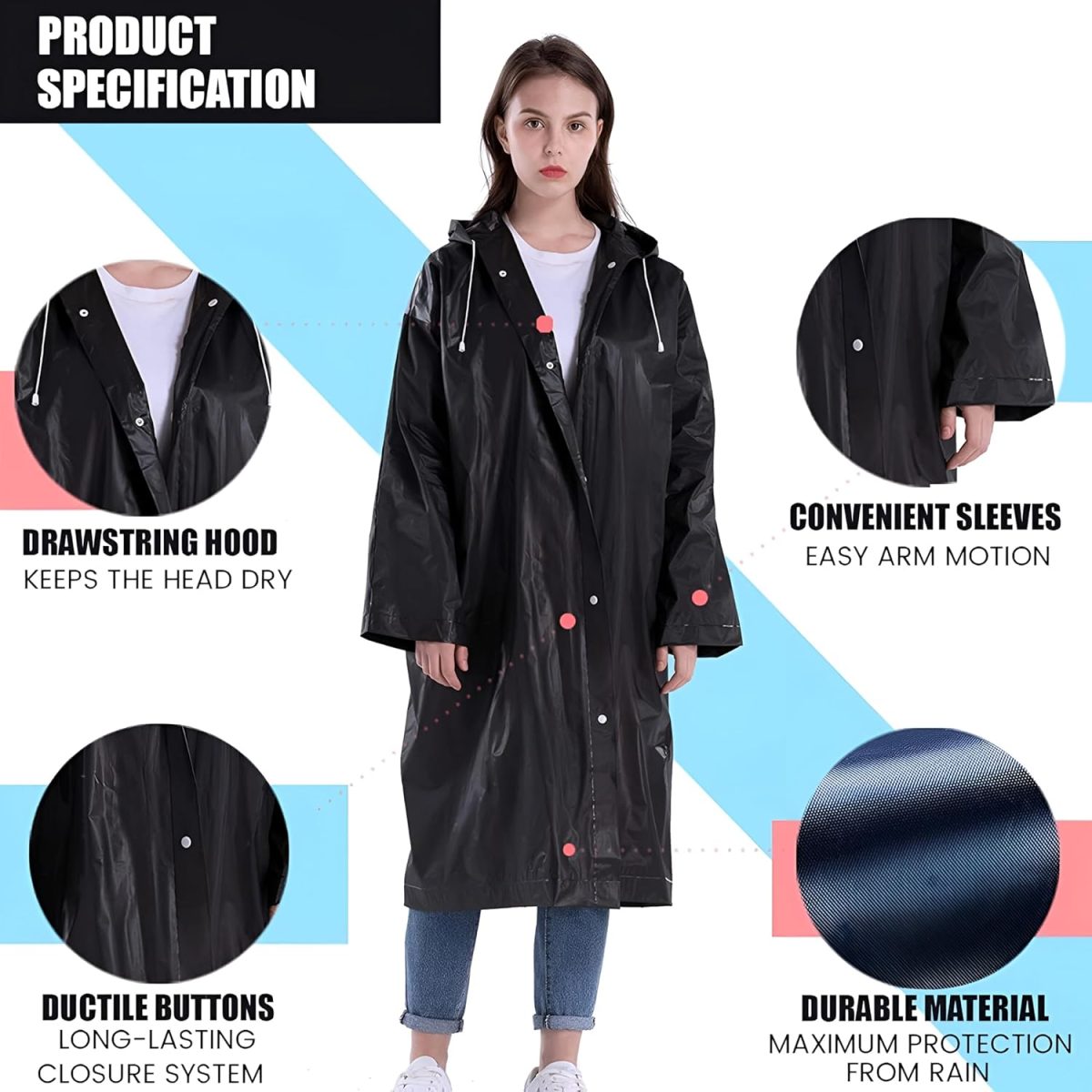 Pivalo EVA Waterproof Rain Coat Hooded Universal Outdoor Water Resistant Portable Suit for Men Women Boys & Girls (Universal Size,1 Pc Black) - Image 4
