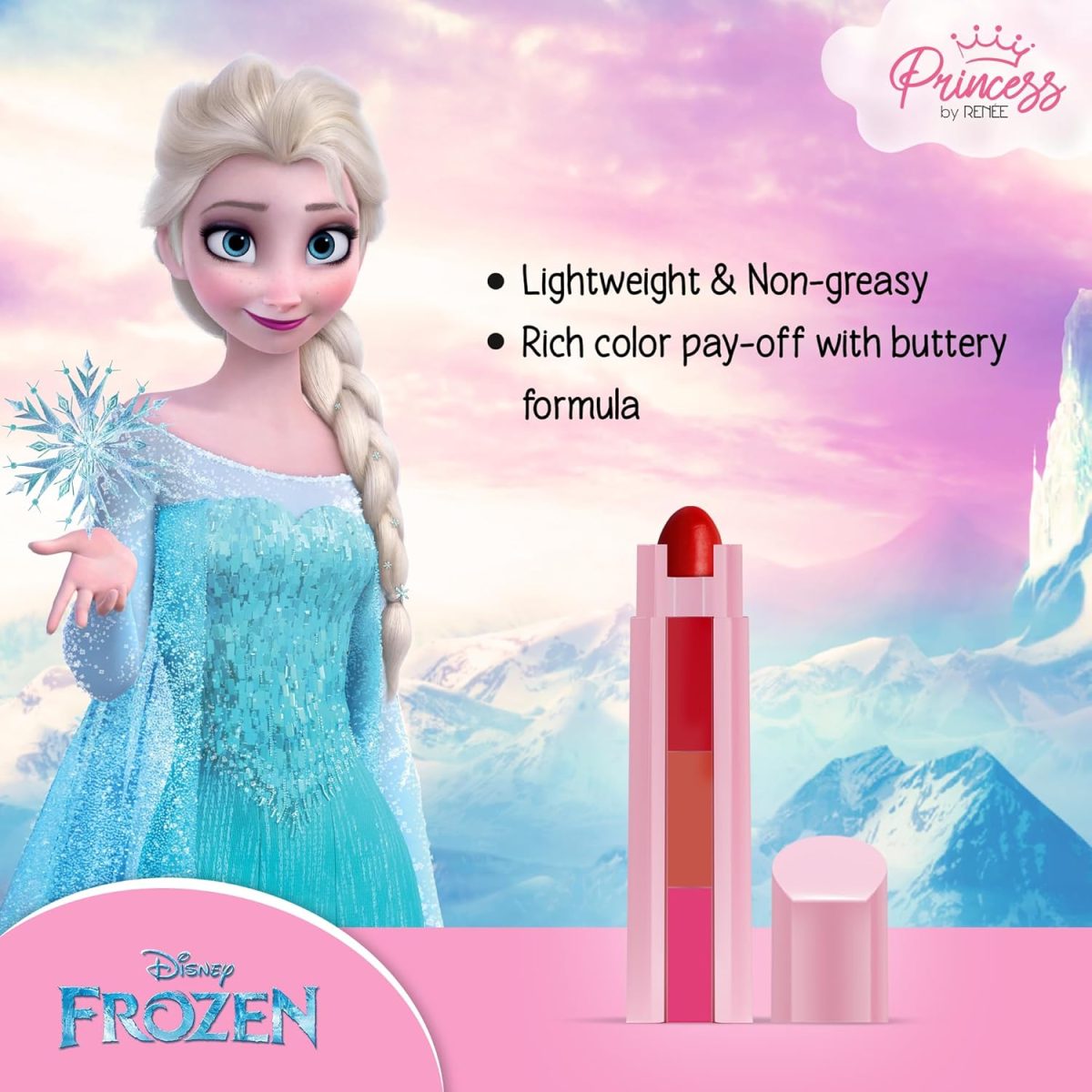 RENEE Disney Frozen Princess By Candy 3-In-1 Tinted Matte Lipstick Elsa For Pre-Teen Girls - 3 Versatile Shades In One Stick With No Parabens - Dermatologically Tested, Peta Certified 4.5G - Image 2