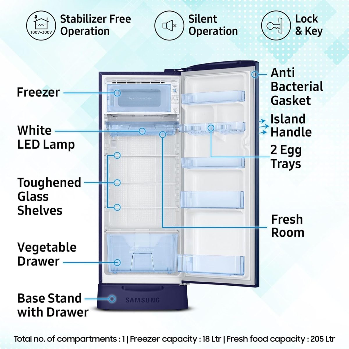 Samsung 223 L, 3 Star, Digital Inverter, Direct-Cool Single Door Refrigerator (RR24D2Z23CU/NL, Camellia Blue, Base Stand Drawer) - Image 3