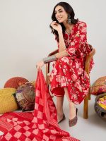 INDO ERA Women's Red Pure Cotton Printed A-Line Kurta & Pant with Dupatta Set (IESTR5487) - Image 4