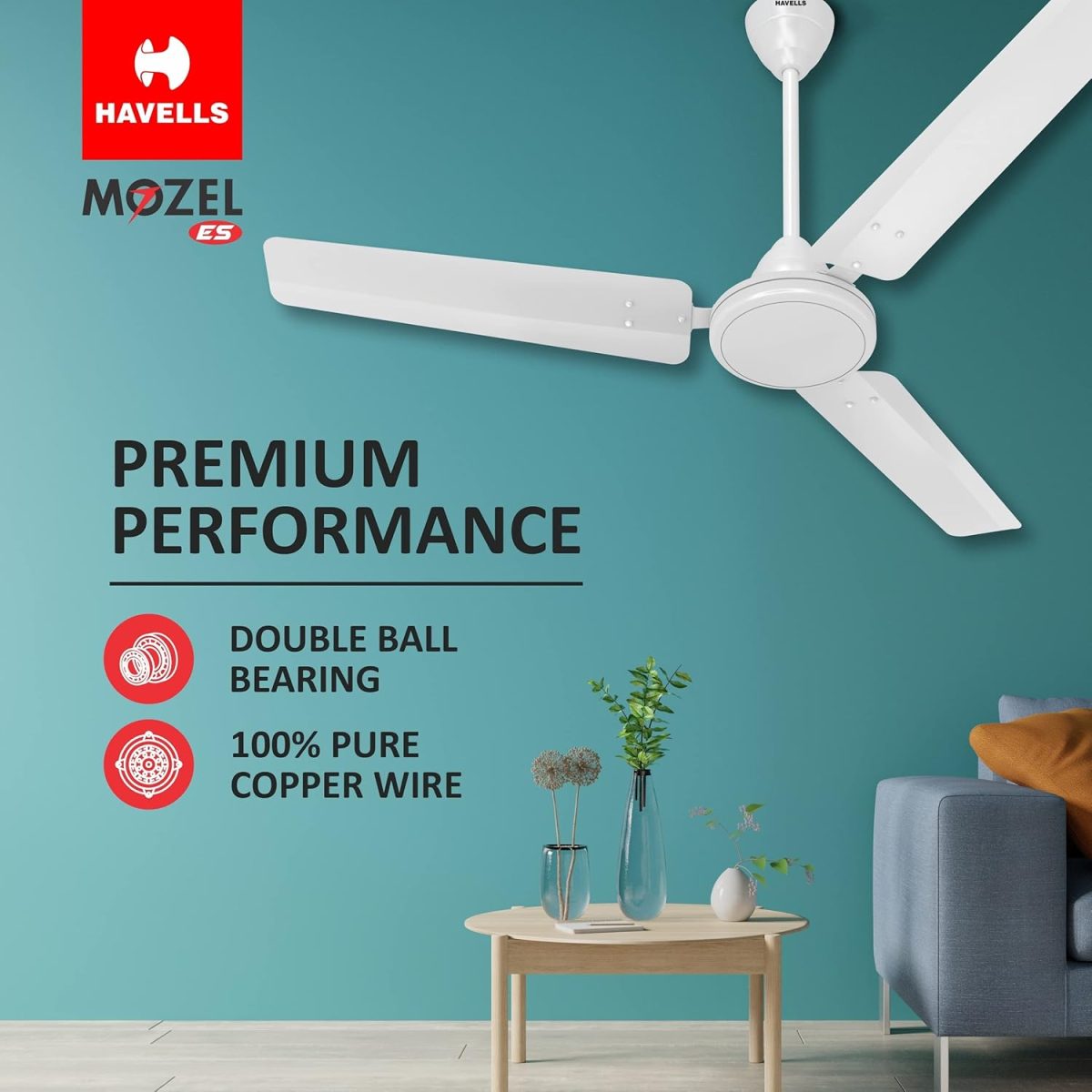 Havells 1200mm Mozel ES Ceiling Fan | Best in class base fan,High Air Delivery, Energy Saving, 100% Pure Copper Motor | 2 Year Warranty | (Pack of 1, Elegant White) - Image 4